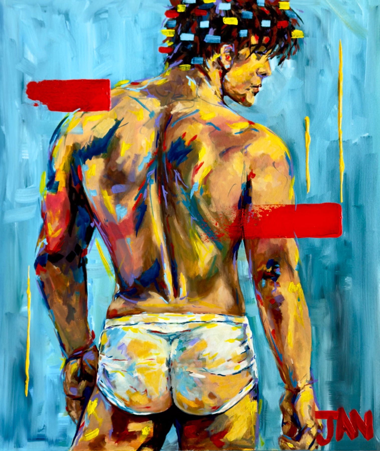 Unseen, original expressionist oil painting by South African artist JAN, depicting a male figure turned away against a turquoise background with bold red, yellow and blue brushstrokes.